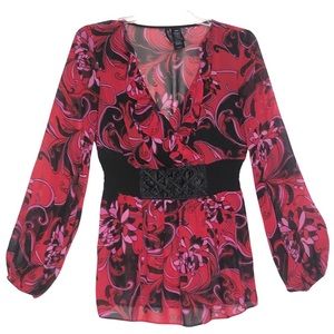 Bisou Bisou V neck corset style waist band elastic lined blouse Sm